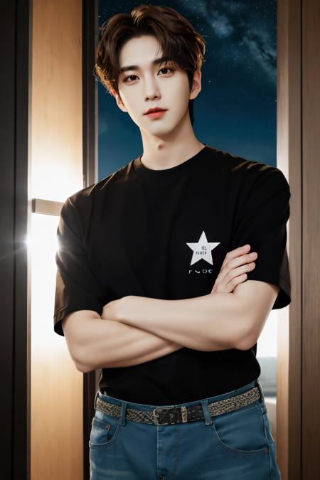 1man,male,<lora:ShinwonKo>,Shinwon,solo,brown hair,1boy,male focus,pants,black shirt,crossed arms,denim,t-shirt,star (sky),realistic,doorlooking at camera,looking at viewer,perfect hands,backlight,subsurface scattering,absurdres,perfect anatomy,realistic proportions,perfect lighting,sharp focus,85mm lens,side lighting,(vibrant colors),film still,HDR,photographed by Canan EOS R6,135mm,1/1250s,f/2.8,ISO 400,photorealistic,