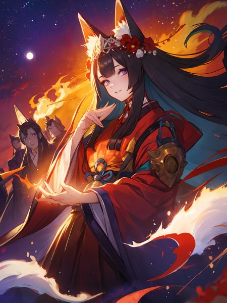 masterpiece,best quality,highres,cinematic lighting,dramatic angle,<lora:ShadowverseGinsetsuV7-000021:0.8>,1girl,animal ears,hair ornament,purple eyes,black hair,long hair,smile,parted lips,looking at viewer,japanese clothes,obi,wide sleeves,burning village,blood,hand  on own cheek,red topwear,purple skirt,portrait,from below,moon,close-up