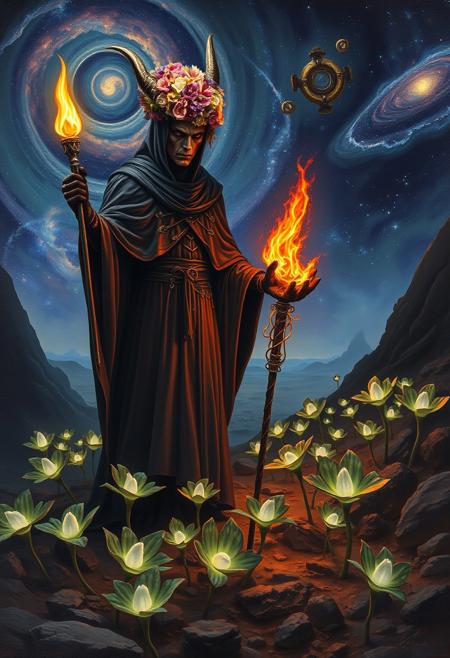 style of Ted Nasmith,
Oil painting, by Jean-Franois Millet, by Gustave Courbet, by Jules Breton, traditional media, oil painting, famous artwork by (karl kopinski:1.2), fantasy style,thumbs,(ghost),
On a desolate alien planet, a techno cultist clad in dark, crown of flowers, (fire staff on hand), shimmering robes tend to a garden of bioluminescent plants, their demonic features illuminated by the eerie glow, the night sky filled with swirling nebulae,
realistic,
dark fantasy, masterpiece, highly detailed, ever quest, old school rpg,
, masterpiece,,