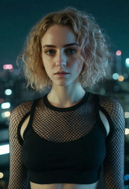 cyborg young woman, dark cyberpunk, highly detailed face, pale fragile delicate body, frizzy bob cut hair, (stylish haircut:0.9), wearing a tight stylish minimalistic futuristic black hi-tech tactical techwear see-through fishnet crop top, subtle cyberware, standing on a cyberpunk Japanese city rooftop at night, scenic view, cinematic scene, cinematic lighting, analog-style photo, grainy amateur lo-fi portrait photo, desaturated colors, (low contrast), distracted, b-cup breasts, eyeliner, (eyeshadow:1.1), shy, blushing, raw photo, phone photo, 3/4, (upper body portrait shot), medium shot, accidental art, candid, crisp image, high detail, (eyebags:0.8), (chromatic aberration)