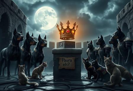 Under a stormy sky, a medieval arena carved from ancient stone is illuminated by cold, silvery moonlight. The scene is tense, with five Dobermans standing on one side, their muscular forms clad in dark, battle-worn armor engraved with intricate patterns. Their eyes glow with an unnatural intensity, and their breath forms mist in the chilly night air.
Opposite them, five enigmatic cats crouch low, each wearing patchwork armor made from scavenged materials—leather, metal, and bones. Their reflective eyes glint in the darkness as their tails flick in anticipation.
At the center of the arena, a stone pedestal holds a crown made of twisted metal and dark, glimmering jewels, emitting an eerie, pulsating glow. The ground around the pedestal is littered with remnants of past battles—broken weapons and shattered armor.
A weathered cardboard sign, hanging from the pedestal, reads “Paura eh?” in jagged, dripping script, as if taunting both sides. The atmosphere is charged with suspense as the Dobermans and cats, driven by a mixture of fear and determination, prepare for the imminent clash under the watchful, ominous moon.