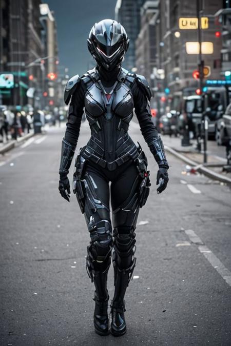 a ,fish  , head, on a woman's ,fish body, running down a street, with a plane on her back