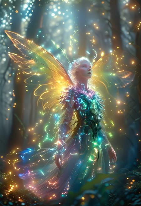 a fairy with iridescent wings flies through an enchanted forest, the leaves of the trees glow with a green aura, cinematic