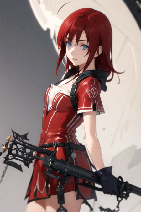 KairiValor, 1girl, solo, medium hair, blue eyes, red hair, gloves, red dress, 