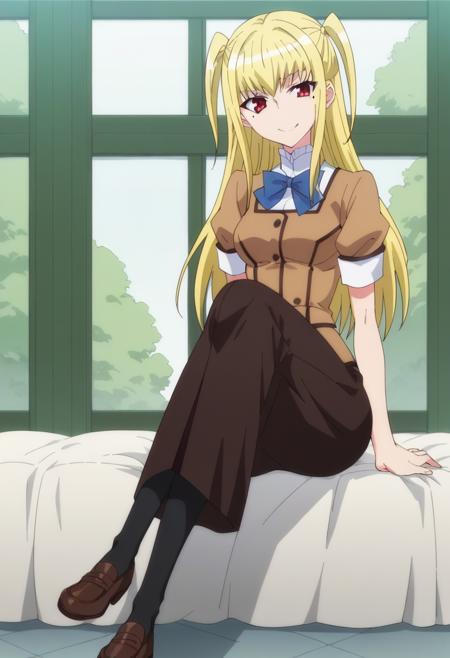 mariyah, red eyes, long hair, blonde hair, two side up, mole, mole under eye, otoko no ko,  bow, school uniform, skirt, long skirt, homurahara academy school uniform, pantyhose, black pantyhose, brown shoes,  gym uniform, buruma, red buruma, socks, kneehighs, white socks, white shoes, black dress, collarbone, hairband, lolita fashion, gothic lolita, grey skirt, long skirt, slippers,