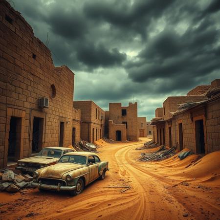 8K, UHD, HDR, cinematic, cinematic image, intricate details, realistic, photo,
Painting using oil paints.
Golden tones, Warm tones, warm hues. Black cloudy sky. 
Ancient stone buildings, apocalyptic, dilapidated, rundown, rubble, sand blown against walls and along roads. Deep sand filling alleyways.
A single rusting wreck of an old car.
Atmospheric, antique, intricate, detailed. Rustic. Debris. Dusty.
(Watercolor dreaminess), soft watercolor, selective color,
Fantasy style. Fantasy dreamlike art. 
<lora:RMSDXL_Enhance:0.45>,
<lora:add-detail-xl:0.8>,
<lora:Surreal Harmony:0.2>
<lora:The_Dark_Side_of_the_Earth:0.2>
<lora:Old_Style_SDXL:0.2>
<lora:DonM0ccul7Ru57XL-000006:0.8> DonM0ccul7Ru57XL