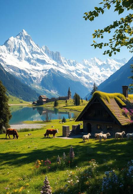 Ultra realism, high quality, high resolution 8K and above, stable and accurate focus, ultra correct anatomy, super detail. A beautiful mountain scene with tall snow-capped peaks reflected in a crystal clear lake. In the foreground are green meadows dotted with wild flowers of various colors. Included in the landscape are houses built of stone and wood, architecturally designed to blend in with nature. The roofs of the houses are covered with thick grass and colorful flowers. Cows roam the meadow, and a flock of sheep, led by shepherd dogs, graze around. The trees around the houses are tall and green, with leaves that cast shadows on the houses.((The ruins of an ancient fortress can be seen in the distance, giving the scene historical depth)). The sunlight illuminates the landscape, creating a warm and welcoming atmosphere.