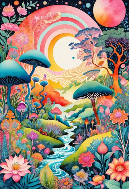 The Lost Garden of Eden , soft ink illustration, psychedelic surrealism, feminine energy, intricate patterns, flowing botanical elements, emotional intimacy, vibrant symbolic collage, dreamlike figures, multicultural spirituality, pastel and saturated color fusion, cosmic landscapes, soft surreal linework, spiritual narrative art, floral and cosmic motifs, expressive vulnerability, watercolor psychedelia, meditative dreamscape