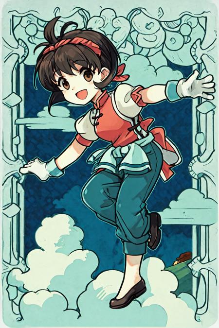 <lora:nanami_suikoden:0.77>, 1girl, solo, short hair, brown hair, look at viewer, ((masterpiece)), (best quality), 1girl, alone, focused, close angle, grabbing, smile, detailed, anime, brown eyes, gloves, hairband, hand on hip, open mouth, looking at viewer, shoes, pants, short sleeves, puffy sleeves, black hair, flats, holding, :d, puffy pants, capri pants, puffy short sleeves, ribbon, no socks, shirt, chinese clothes, wristband, wrench, bangs, hair ribbon, baggy pants, white gloves, black footwear, colorful, green pants, full body, standing, <lora:animeLikeTarotCardArt_v10:0.8>, (border),  grass, stone castle in center of ocean, day, sun, cloud, morning, cliff, foam, wave sitting, jump, float, fall, wear doctor masker