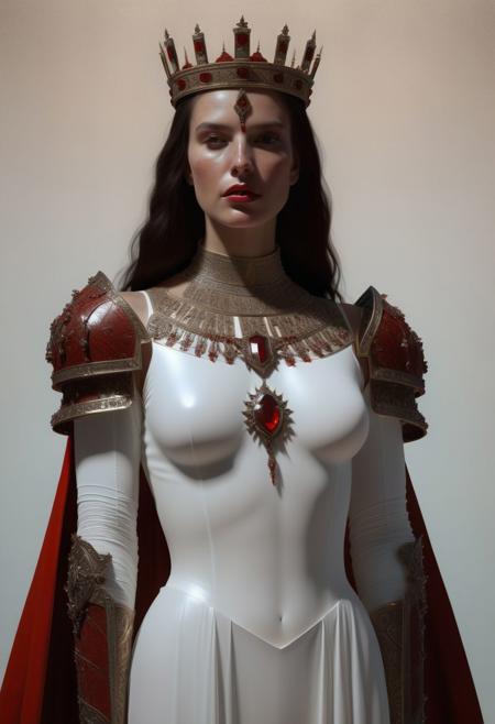 close up shot, Symmetrical front view, Warrior queen, european medieval, extremely perfect body, crown, white transparent robe, oiled skin, sensual, erotic, red cape,  by Fernand Khnopff, oil on canvas, detailed, limited color palette oil, artwork by Jean-Michel Basquiat, octane rendering, trending on artstation,  natural light, sharp focus, cinematic, concept art, dramatic illumination, glowing eyes, ethereal in detail