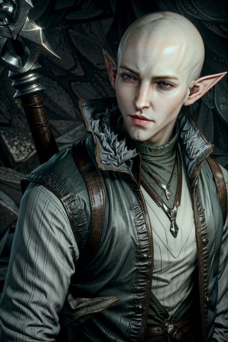 (masterpiece, best quality)
solo, 1boy, jewelry, upper body, weapon, male focus, pointy ears, necklace, vest, elf, realistic, bald, SolasDA
<lora:epi_noiseoffset2:1>, <lora:add_detail:0.8>,   <lora:SolasDA:0.8>