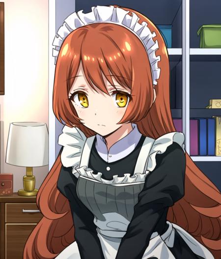 white wall, 
ReneA, solo, 1girl, maid apron, long sleeves, maid headdress, beautiful eyes, indoors, pillow, cleaning, lamp, closet, girl's room, leaning forward, looking at viewer, looking up, 
<lora:wataoshi_EP01to10-loha-bundle-30000:1:1>, <lora:kohakuV5_rev2:0.5>, <lora:Hiraka_Llpop:0.4>