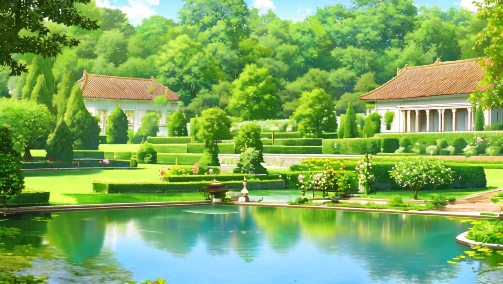 <lora:vn_bg:1> vn_bg, no humans, A secret garden hidden behind a manor, filled with flowering plants, a peaceful pond, and...