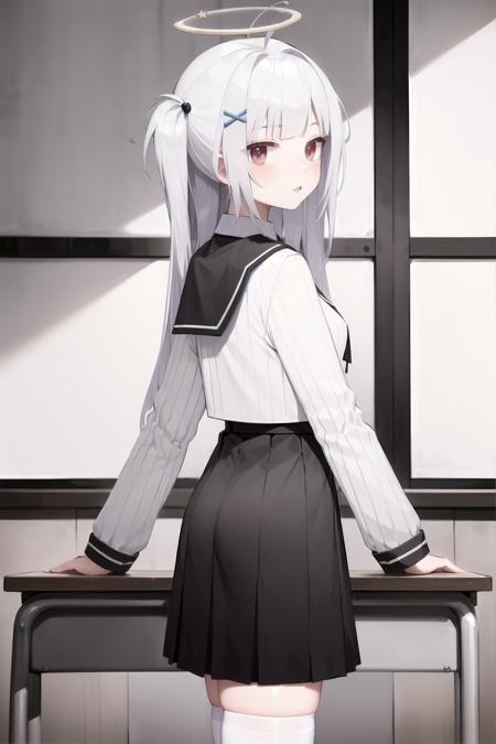 (masterpiece, best quality), 1girl, solo, classroom,
koxia skirt, (white shirt, black skirt, sailor collar), (white thighhighs), halo, long hair, from side