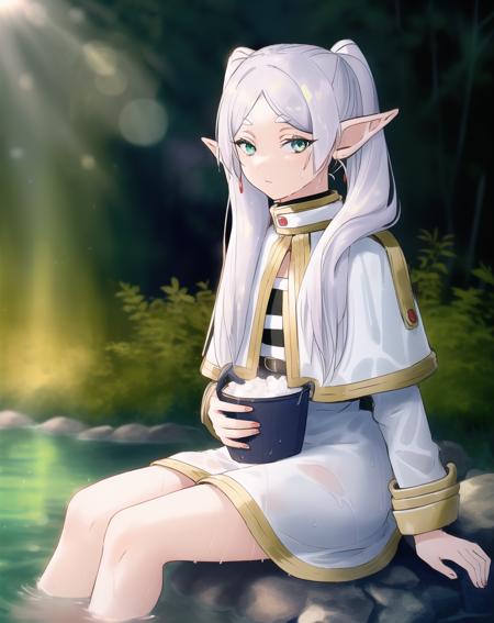 Frieren, solo, 1girl, elf, fanart,  beautiful eyes,   sitting on ground, river side, water, dress, beautiful background, fantasy, bokeh, spirit, wet,close to viewer, forest, bucket, sunlight 
<lora:frieren_EP01-04_lohad8_attn-mlp-step00040000:1>