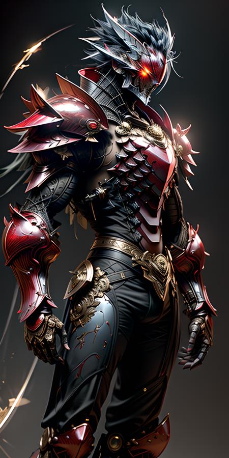 male warrior,
glowing eyes,
(vapor breath),
lithe,
(cracked shell armor:1.3),
(glowing cracks),
(red epaulet:1.4),
(heavily cracked armor:1.4),
overlapping multi segment armor,
(spine armor:1.4),
(smooth organic mecha armor:1.2),
black, gold, white,
limited palette,
(rim light:1.4),
(volumetric light:1.3),
(sci-fi background),
intense,
dramatic, 
cinematic, 
highest quality,
perfect,
intricate,
utra detailed,
vibrant details,
8k,
absurdres,
(masterpiece:1.4),
hyperrealistic,
award winning, <lora:nijiarmor:0.7>, <lora:nijiMecha:0.7>, <lora:add_detail:1.5>