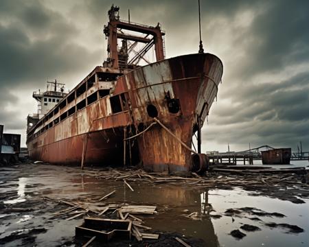 on a post-apocalyptic harbor, rotting docks, rusting ships, broken warehouse crates, immobile crane., by David LaChapelle,  <lora:PostApocalypticXL_v1:0.8> SZ_4po enviroment