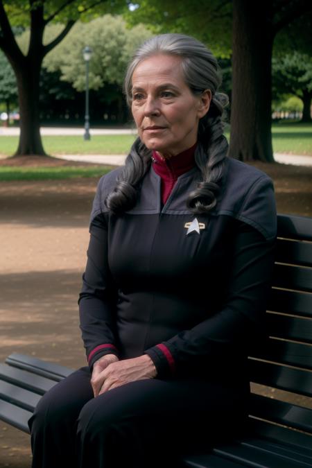 woman with a very long grey hair in black and red ds9st uniform,on a bench in a park, 8k uhd, dslr, soft lighting, high quality, film grain,masterpiece quality,Fujifilm XT3<lora:DS9_768V12:0.8>