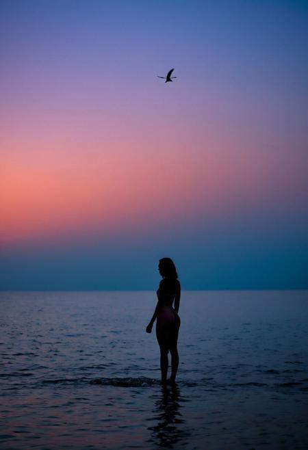 In this serene and surreal scene, the subject takes center stage, their features captured in stunning detail against a backdrop of colored hues. Their natural skin tone radiates warmth and tranquility, contrasting beautifully with the seamless aesthetic hues tones of the environment. The focus is tight, drawing the viewer's attention to the subject's silhouette in profile, creating a sense of intimacy and depth. Above, small birds dance gracefully against the darkened sky, their movements adding to the surreal calm of the scene. This juxtaposition serves as a powerful visual metaphor, symbolizing the delicate balance between the ethereal and the earthly realms.