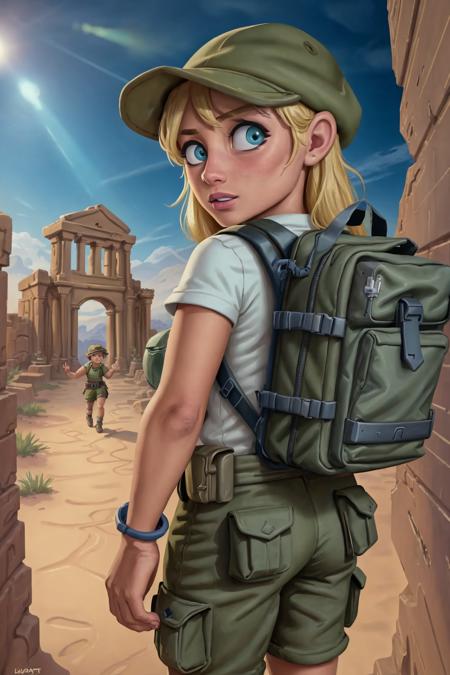 2girls 2boys adventuring in ancient desert ruins, khaki clothes hats and backpacks cargo action camera dutch angle (masterpiece:1.2) (illustration:1.2) (best quality:1.2) (detailed) (intricate) (8k) (cinematic lighting) (sharp focus)