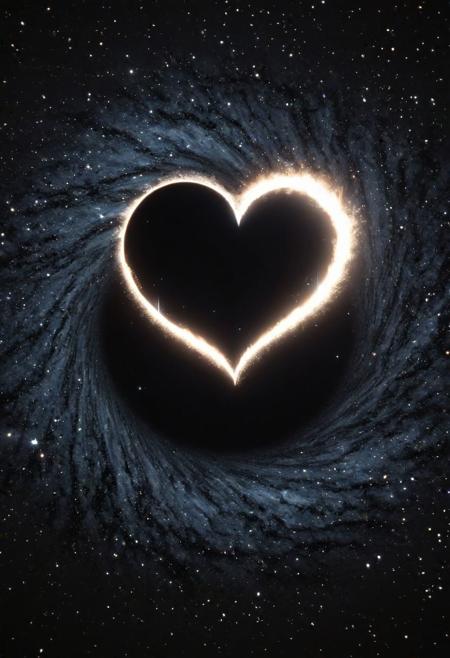 Cinematic, heart shaped black hole, stars, masterpiece, best quality, dynamic light, high resolution,
