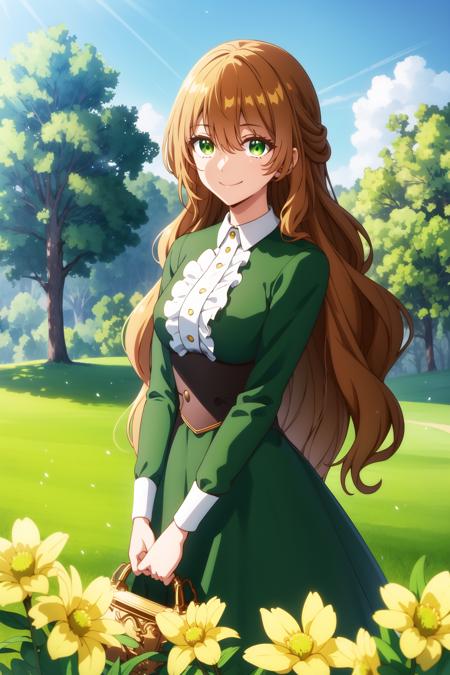 raeliana <lora:raeliana:0.8>, small breasts, green dress, long hair, beautiful face, green eyes, smile, (masterpiece:1.2), best quality, absurdres, highres, extremely detailed wallpaper, perfect lighting, unity 8k, outdoors, grass, field,