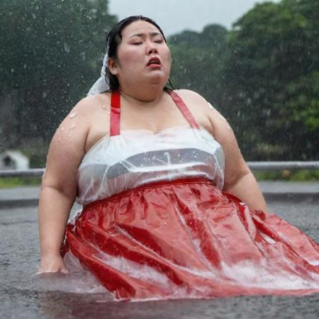a 800 pound asian woman wearing a long shiny red and white dress lays beneath a large clear PVC apron covering her entire body dripping in water as rain pour from the sky