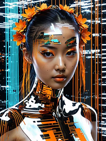 hyperrealism:  Asian woman, digital art, hologram, bigdata, high technology, sound wave, digital landscape, neural network, (Humanoid:1.2), reflection, masterpiece, 8k UHD resolution, high quality, professional photography, closed up,  black and orange color tones, wabi-sabi art, abstract , punk collage , (urbanpunk:1.1), flowerpunk, random textures, random graffiti strokes, kanji characters, surreal artwork, Impermanence<lora:add-detail-xl:1.0>