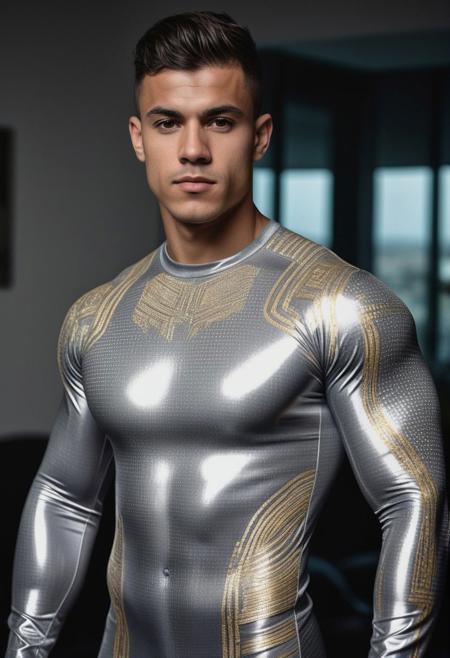 a strong 24-year-old spanish bodybuilder male, with a side fringe curtains hairstyle, detailed face, mindless expression, wearing a skin tight light-gray latex bodysuit with silver and gold electronics circuits patterns, standing at attention posture, on a modern living room, looking to the camera,  detailed face, professional photography, shot on sony a 7RIII , looking to the camera,  detailed skin face and eyes, natural lighting ,  film grain, low contrast, natural face,  dark circles under eyes