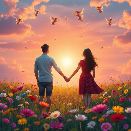 a couple holding hands facing the sunset in a meadow of colorful flowers and cupids and fairies are flying around above them