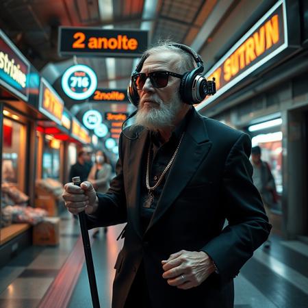 score_9, score_8_up, score_7_up, outside a futuristic subway station, stores with neon lights, people selling on streets, a futuristic shaman old man 80 years old short using a classic 50s black suit sunglasses modern futuristic big  headphones hearing music holding a staff with cds and electric parts walking stooped with difficulty