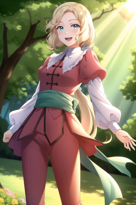 (masterpiece), high quality, (detailed background), 1girl,
<lora:CastlevaniaMaria-v1-07:0.6>, ChopioMaria, blonde hair, long hair, wavy hair, blue eyes, eyelashes, (looking at viewer:1.3),
shiny hair,
green hair ribbon, low ponytail, very long hair,
outfit_1, pink dress, white collar, pilgrim collar, white ribbon, frills, puffy sleeves, juliet sleeves, green sash, pink pants, layered pants,
outdoors, forest, sunny, light rays, lens flare, depth of field, bokeh,
standing, smile, open mouth,