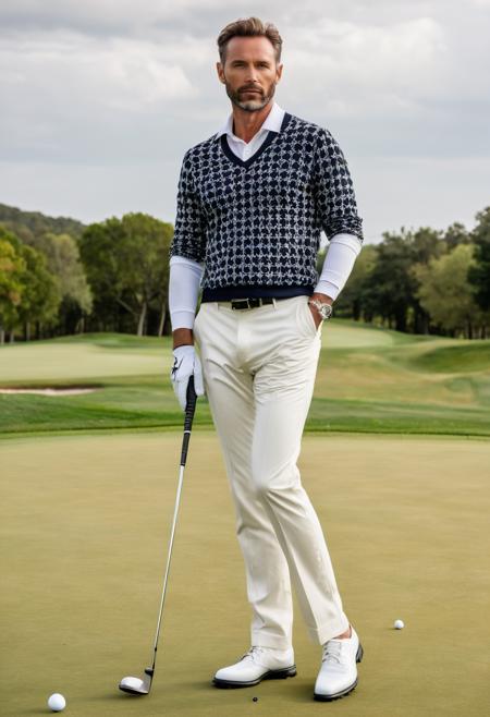 raw photo, full body, beautiful man, 40 years old,  Classic Fashion, plays golf, luxurious outfit