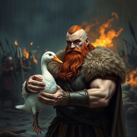 anatomically correct, (hyper realistic, ultra detailed),complex shadows, intricate details, viking, warrior, muscular, leather armour, fur on armour, red hair, short hair, large beard, braided beard, white duck, black eyes, fluffy, short, standing, viking is holding white duck, viking is holding white duck as if it were a weapon, white duck is being wielded like an axe, white duck is small, white duck looks ready for violence, viking looks ready for violence, battle ground, dark, fire, fighting in background, weapons, dead bodies on ground, raining,
