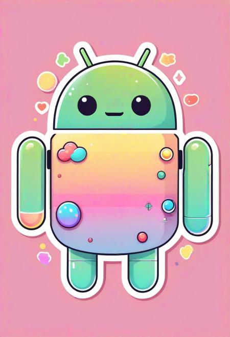 Vector art sticker design, (Cute kawaii Android character with pastel colors:1.3), Flat graphic style, Rainbow motif accessories and accents, Whimsical expressions, Soft outlines, Vibrant hues, Eye-catching vector details, Emotic and friendly vibe.