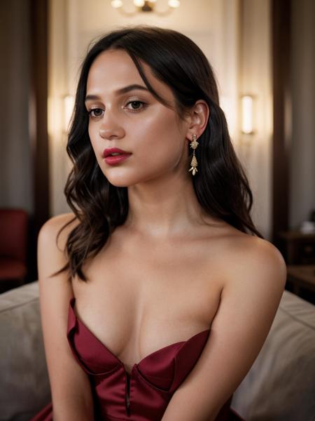 Realistic photo of a beautiful 4l1c14v woman, 1girl, solo, long hair, breasts, looking at viewer, brown hair, black hair, dress, bare shoulders, brown eyes, jewelry, upper body, earrings, lips, makeup, lipstick, realistic, red lips, soft lighting, professional Photography, Photorealistic, detailed, RAW, analog, sharp focus, 8k, HD, high quality, masterpiece<lora:4l1c14v:1.0>