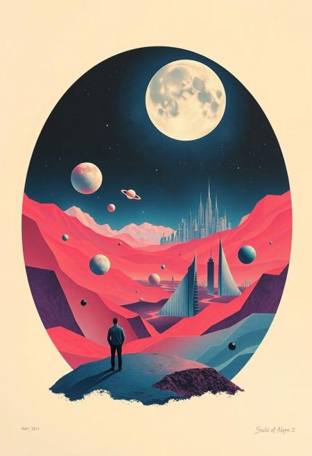 A vast, moonlit landscape with a single, isolated figure, their expression distorted in a surreal, exaggerated manner., lithograph of an abstract {subject} composition by modern artist, neon color palette, floating geometric shapes, fantasy landscape with futuristic cityscape, small black dots representing stars and planets, surrealistic style, on cream background, whimsical and dreamy mood, sharp focus on the print details, soft blurring for depth, dynamic lighting effects, playful shadows casting from distant lights.