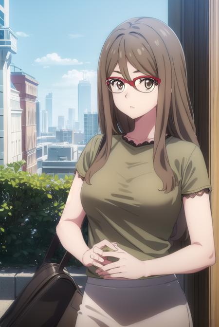 mizukinakahara, <lora:mizukinakaharas1-lora-nochekaiser:1>, 
mizuki nakahara, long hair, brown hair, (brown eyes:1.5), glasses, red-framed eyewear,
BREAK shirt, green shirt, camisole, black camisole, skirt, white skirt, short sleeves, pantyhose,
BREAK outdoors, city,
BREAK looking at viewer, (cowboy shot:1.5),
BREAK <lyco:GoodHands-beta2:1>, (masterpiece:1.2), best quality, high resolution, unity 8k wallpaper, (illustration:0.8), (beautiful detailed eyes:1.6), extremely detailed face, perfect lighting, extremely detailed CG, (perfect hands, perfect anatomy),