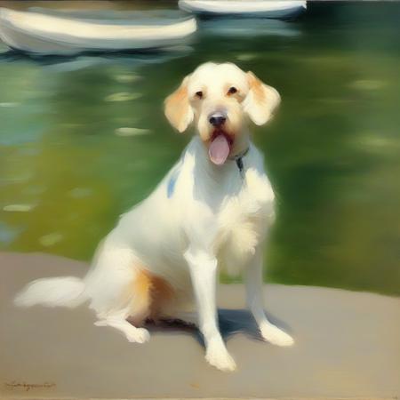 an impressionist painting of a dog by a lake in the style of Sargent <lora:impressionism:1>