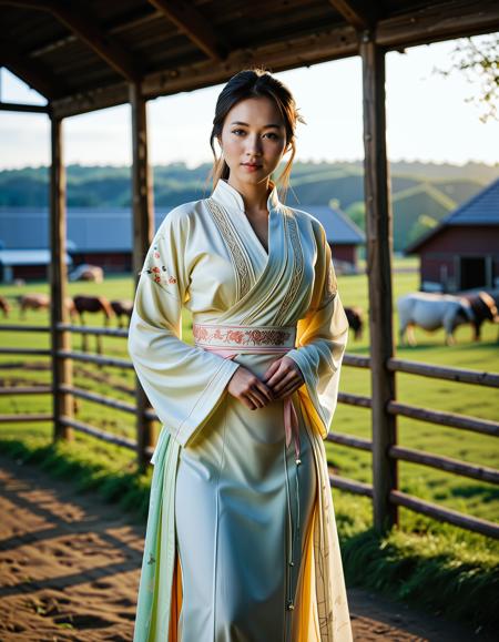 RAW full body analogue photo of a beautiful 25 years old Asian woman, clear focus, high resolution image, <lora:Ai_Lotus:0.75>, Wearing traditional chinese clothes,low light, soft natural light, Rembrandt style light, Hasselblad DLSR camera, 200mm Zeiss lens, f/2.8, ,Sexy pose, erotic pose, exhibitionism, ,((A peaceful farm with barns and grazing animals))