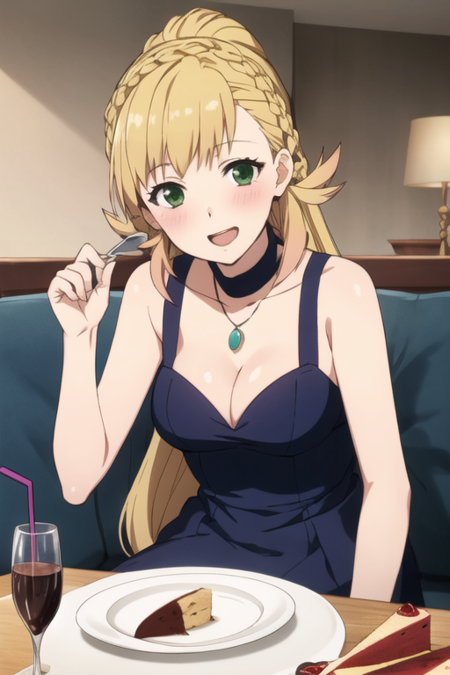 masterpiece, best quality, <lora:sharenaV2-10:1>, 1girl, sharena \(fire emblem\), fire emblem, fire emblem heroes, blonde hair, long hair, ponytail, crown braid, low-tied long hair, green eyes, facing viewer, looking at viewer, happy, open mouth, blush, sitting, bare shoulders, dress, sleeveless dress, blue dress, necklace, breasts, medium breasts, cleavage, cup, drinking glass, drinking straw, wine, cake, cake slice, plate, food, dated, cafe, couch, on couch, pov, solo, spoon, holding spoon, chocolate cake, indoors, simple background, official art, official style,