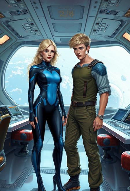 fantasy style painting.
a teenage boy age 18 and a teenage girl age 18, stand side by side on the bridge of a large starship. The woman is wearing a tight black and blue bodysuit. She is fully clothed. She has blonde hair and fish gills on her neck. The man has blond hair and is wearing farmer clothing.
The bridge of the starship is large and light in color. There are at least 20 workstations to control and manage the starship