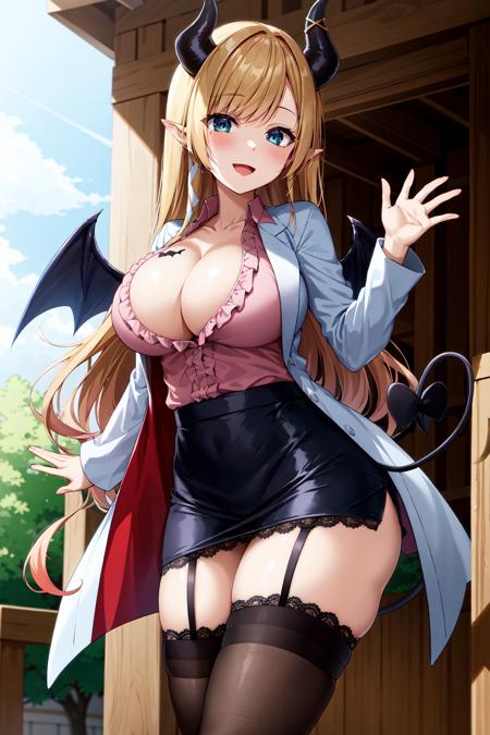 masterpiece, best quality, highres, 1girl, yuzuki choco, virtual youtuber, horns, breasts, large breasts, thighhighs, blonde hair, long hair, pointy ears, garter straps, wings, blue eyes, cleavage, skirt, breast tattoo, pink shirt, demon horns, tattoo, lace-trimmed legwear, shirt, demon girl, bangs, demon wings, lace trim, black thighhighs, demon tail, black skirt, pencil skirt, tail, frills, frilled shirt, white labcoat, coat, <lora:yuzuki_choco_v1:0.6>, outdoors, smile, waving, open mouth,