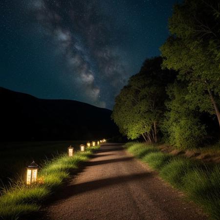 Photography shot, RAW photo, valley, tall hills either side, gravel pathway, lanterns, night, moonlight, stars, grass, trees, realistic, masterpiece, 8k resolution, ultra detailed, vivid colors, high quality,