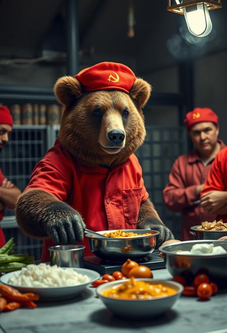 Closeup of an anthro grizzly bear inmate chef cooking curry in the kitchen of a mysterious prison complex. Comrade bear is wearing a red soviet hat and red prisoner outfit. Various ingredients for the curry have been prepared on the table. Other inmates are restlessly waiting while looking at comrade bear cooking. The scene has a cinematic look with high contrast. The overall aesthetic is relaxed and cheerful.