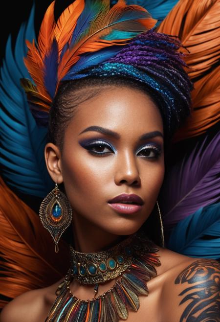 A mysterious, tattooed woman of African descent with vibrant feather earrings and a mesmerizing physique, looking straight.
Background: A dreamlike, abstract backdrop of fractal art and colorful zentangle patterns, bathed in a soft spotlight glow.
 Supporting characters: None. 
Branding type: Art-house thriller. Tagline: "Where beauty meets darkness." Visual style: Moody, cool color grading with subtle film grain and dramatic shadows.
<lora:add-detail-xl:1.2>