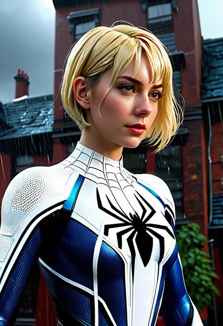 25-year-old woman, white spider man suit, short blunt hair, blonde, beautiful face, rain, roof, masterpiece, intricate detail, perfect anatomy, detailed matte painting, deep color, fantastical, intricate detail, splash screen, complementary colors, fantasy concept art, 8k resolution trending on Artstation Unreal Engine 5