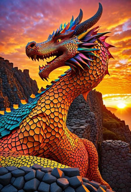 Geometric Transformation, ((Dragon)) made out of voronoi,  basalt columns, cliff edge, sunset, dramatic, vibrant colors, vivid colors, Masterpiece, best quality, amazing quality, volumetric lighting, SFW, PG, exquisite detail, digital art, highly detailed, beautiful, surreal, lazypos,