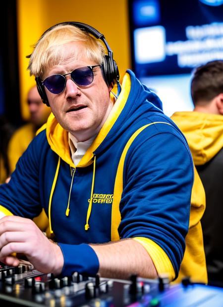 (masterpiece, best quality, awards winner) close up portrait Boris Johnson wearing (yellow-blue hoodie) playing on the dj panel, dj panel,  (headphones),  (sunglasses), 1man, professional photography, high resolution, 8k, detailed photo, hyperealistic, ultrasharp, studio light, soft shasows,  <lora:boris:0.95>