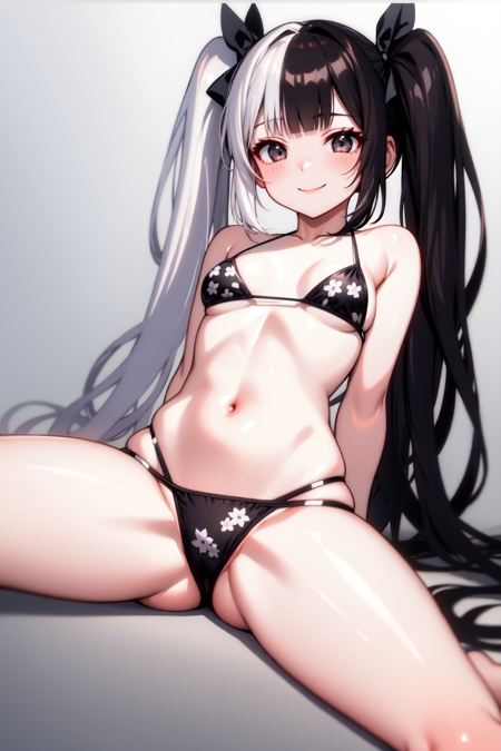 grey eyes, pale skin, very long hair, blunt bangs, black hair, white hair, two-tone hair, twintails, (split-color hair:1.3), hair bow, black bow